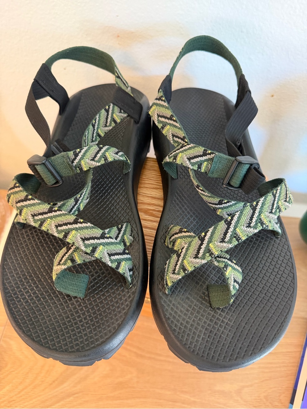 Chaco Men's Black Sandals with Green Patterned Straps